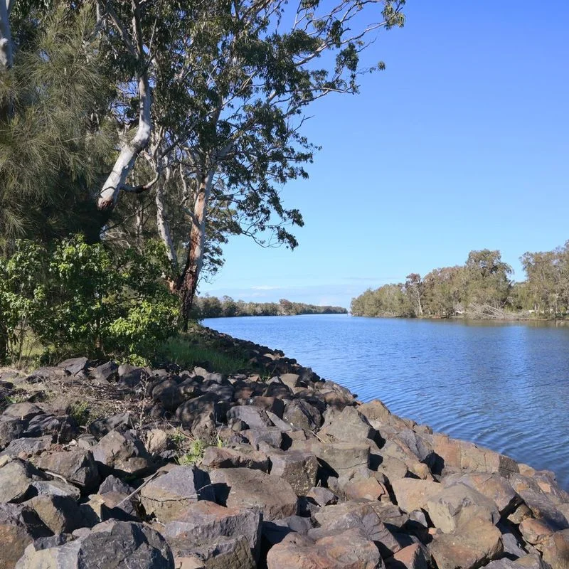 Rocky riverbank lined with eucalyptus trees along a calm waterway near Wyong